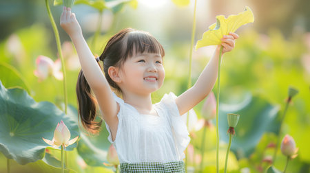 Happy asian child girl playing on the lotus flower field.の素材