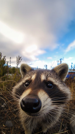 Raccoon in the grass on the background of a blue skyの素材