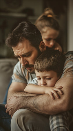 Portrait of father and son hugging while sitting on sofa at homeの素材