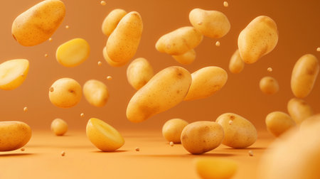 Falling potatoes on an orange background. 3d rendering, 3d illustration.の素材