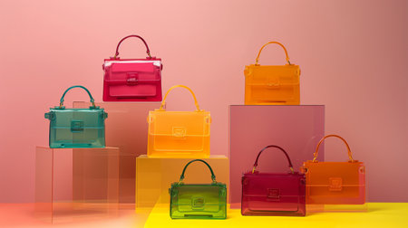 Women's handbags on a pink background. 3d rendering.の素材