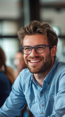 Portrait of a smiling young man with eyeglasses in officeの素材