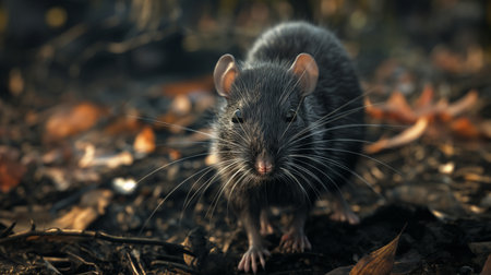 Cute rat on the ground in the autumn forest, close upの素材