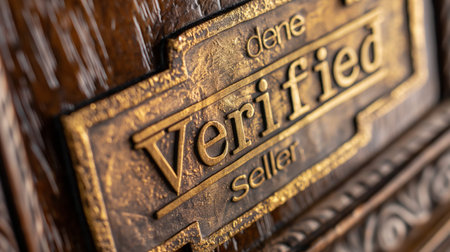 Close-up of a vintage gold letterbox on an old wooden door.の素材