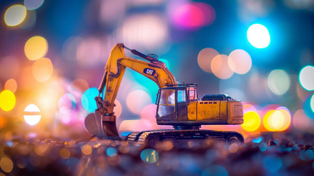 Miniature excavator working on construction site at night with bokeh background.の素材