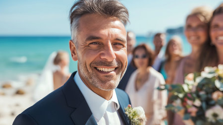 Portrait of smiling man standing with bridesmaids at beachの素材