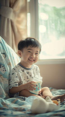 Asian baby boy sitting on the bed and drinking milk from a cupの素材
