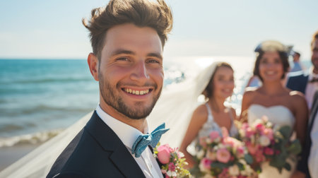 Happy bride and groom on their wedding day at the beach in summerの素材