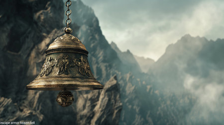 3D rendering of a golden bell against the background of a mountain landscapeの素材