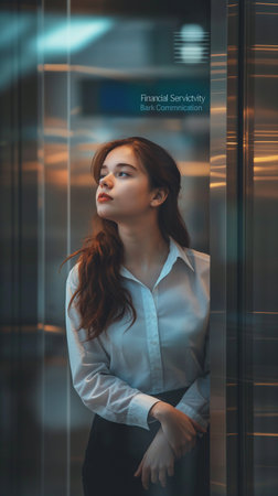 Beautiful business woman in a white shirt and black skirt standing in an elevator.の素材