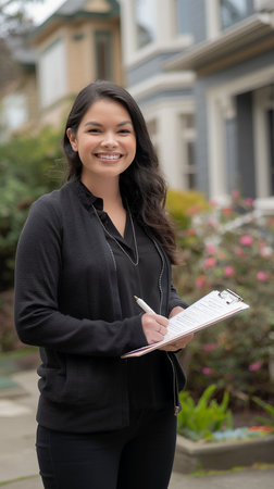 Female college student writing on a notebook on campus. She is smiling and looking at camera.の素材
