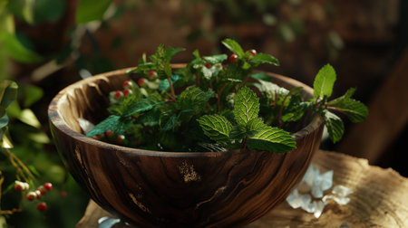 Fresh mint in wooden bowl on table, closeup. Alternative medicineの素材
