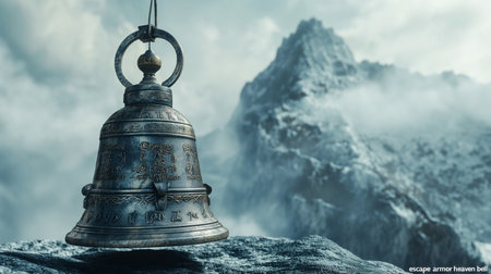 3d render of a golden bell against the background of a mountain landscapeの素材