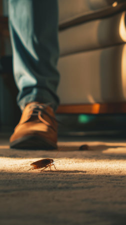 Cockroach on the floor in front of a man's legsの素材