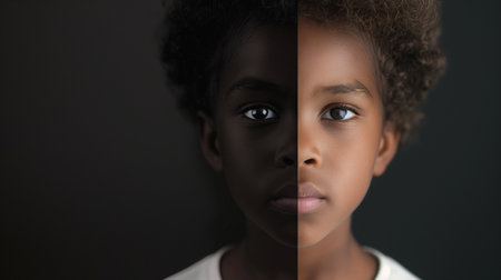 african american child looking at camera on black background, collageの素材