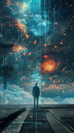 Man standing on the road. Futuristic technology concept. Double exposureの素材