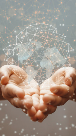 Close up of human hands with global network connection on blurred background. Global business conceptの素材