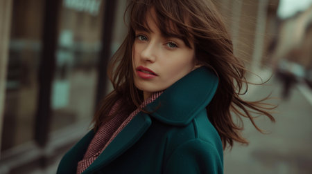 Portrait of a beautiful young brunette woman in a green coat.の素材