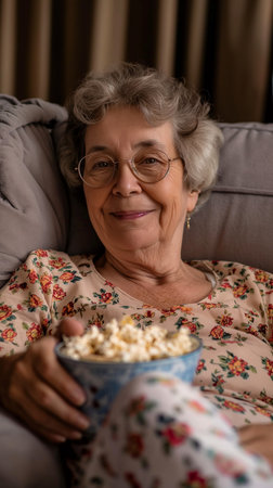 Elderly woman sitting on a sofa and eating popcorn at homeの素材