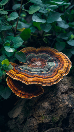 Trametes versicolor growing on a tree in the forestの素材