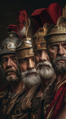 Portrait of three Roman legionary soldiers. Studio shot.の素材