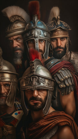 Portrait of a medieval knights in armor. Studio shot over dark background.の素材