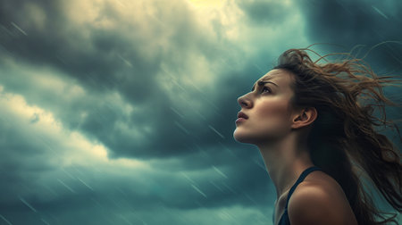 Portrait of young beautiful woman in rain on dark sky background.の素材