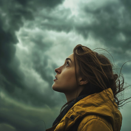 Young woman with windy hair on stormy cloudy sky background.の素材