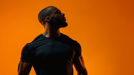 Young african american male athlete isolated on orange studio background.の素材