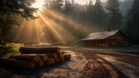 Wooden house in the forest with sunbeams and rays of lightの素材