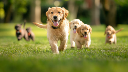 Adorable Golden Retriever puppies running on green grass in the parkの素材