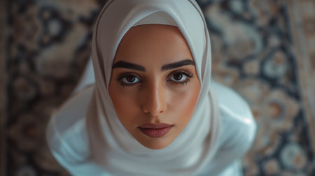 Portrait of beautiful young Muslim woman with makeup in white hijabの素材