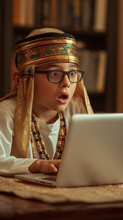 Surprised boy in eyeglasses using laptop and looking at cameraの素材
