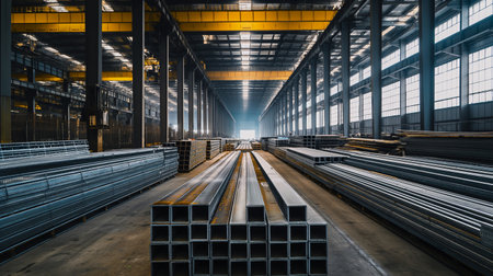 Warehouse of metal products. Industrial background. Steel products warehouse.の素材