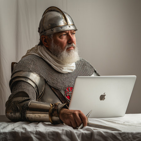 Medieval knight with long white beard and gray hair wearing medieval costume sitting in bed with laptop computerの素材