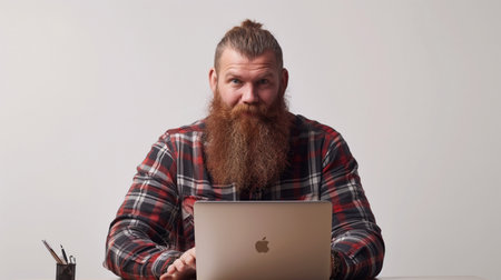 bearded man with a long red beard in a plaid shirt sits at a table and works on a laptopの素材