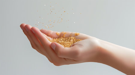 Golden glitter in female hands isolated on gray background. 3d renderingの素材
