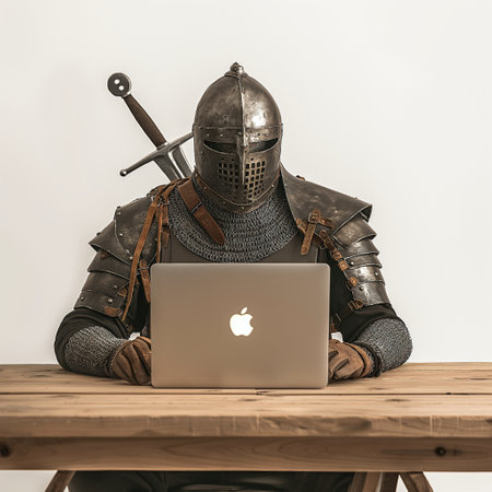 Knight in armor with laptop and sword sitting at table on white backgroundの素材