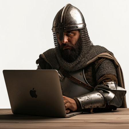 Portrait of a medieval warrior with a laptop on a white backgroundの素材
