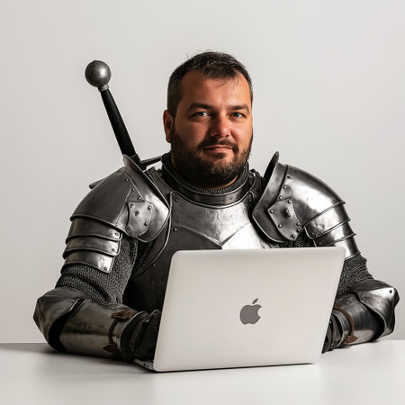 Portrait of a medieval knight with a laptop computer on a gray backgroundの素材