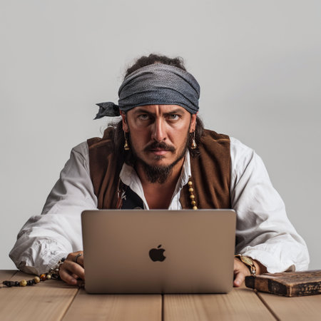 Portrait of a man in a pirate costume sitting at a wooden table with a laptop.の素材