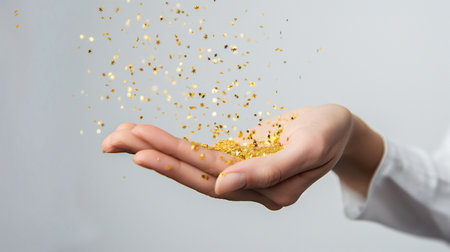 Golden confetti in the hands of a girl on a white backgroundの素材