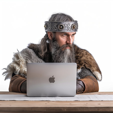 Portrait of a medieval warrior with a laptop on a white backgroundの素材