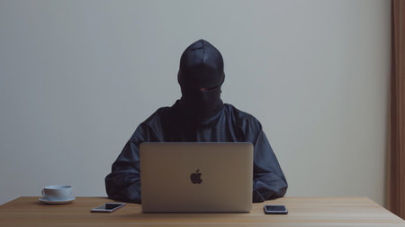 Hacker in a black hoodie is sitting at the table.の素材