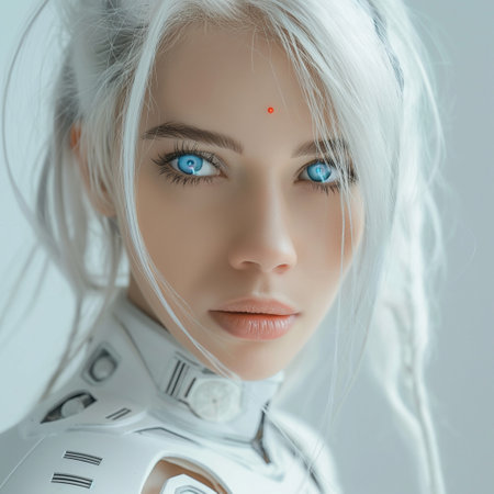 Portrait of a beautiful white robot with blue eyes and long hairの素材