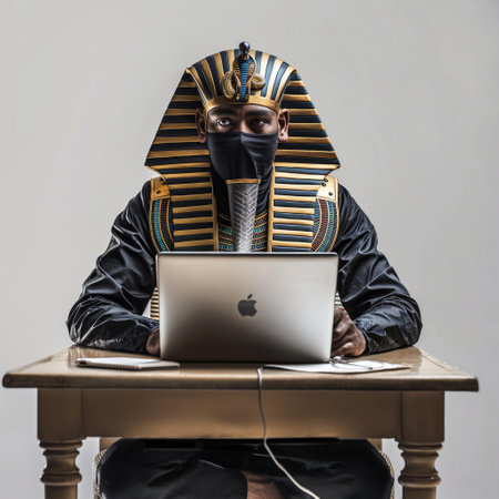 Portrait of an African American man with mask and laptopの素材