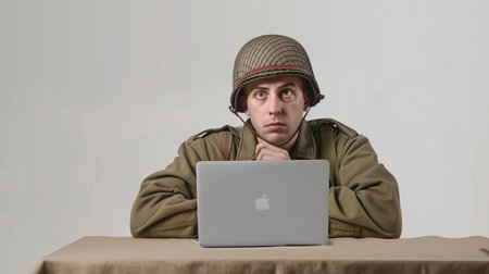 young man in a military jacket and a hat sits at a table with a laptopの素材