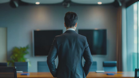 Rear view of businessman with hands on hips looking at monitor in officeの素材