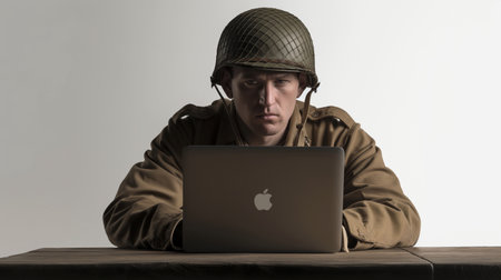 Young man in a WW2 military uniform sitting at a table with a laptopの素材