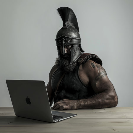Handsome bearded viking warrior sitting at the table with laptop computerの素材